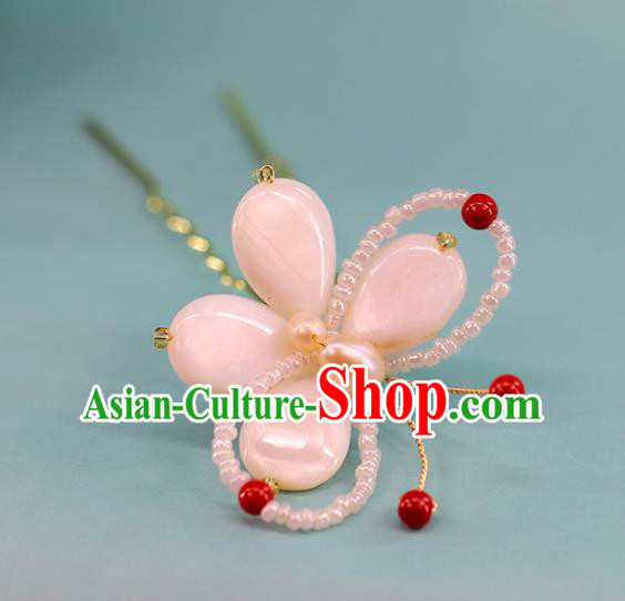 Traditional Chinese Handmade Pink Shell Butterfly Hairpins Headdress Ancient Hanfu Hair Accessories for Women