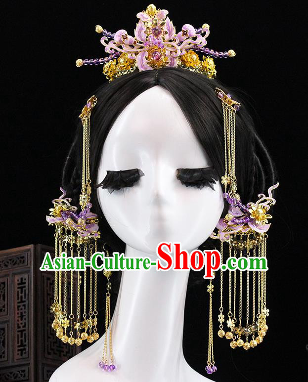 Traditional Chinese Purple Flowers Hairpins Hair Crown Headdress Ancient Queen Hair Accessories Complete Set for Women