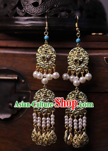 Traditional Chinese Handmade Golden Earrings Ancient Hanfu Ear Accessories for Women