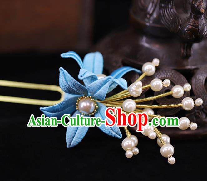 Traditional Chinese Handmade Blue Flower Hairpins Headdress Ancient Hanfu Hair Accessories for Women