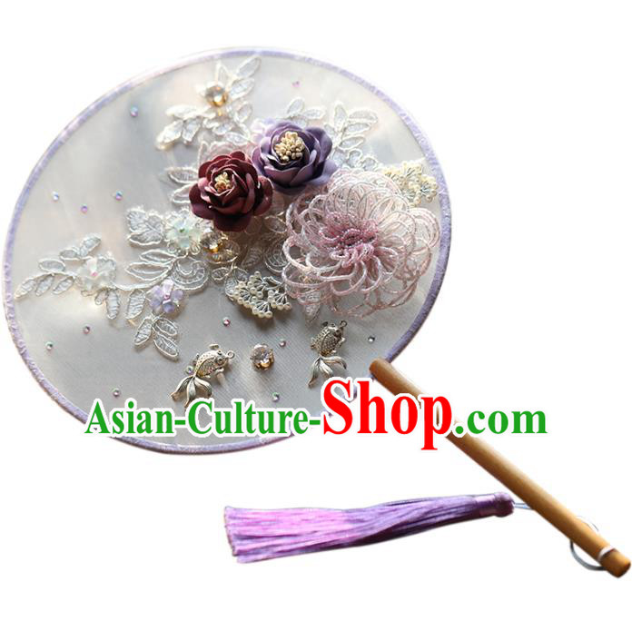 Traditional Chinese Handmade Round Fans Ancient Hanfu Beads Flowers Palace Fan for Women