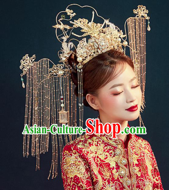 Traditional Chinese Wedding Golden Crane Phoenix Coronet Hairpins Headdress Ancient Queen Hair Accessories for Women