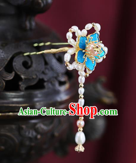 Traditional Chinese Handmade Pearls Plum Blossom Tassel Hairpins Headdress Ancient Hanfu Hair Accessories for Women