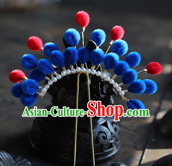 Traditional Chinese Handmade Royalblue Velvet Hairpins Headdress Ancient Hanfu Hair Accessories for Women