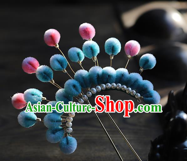 Traditional Chinese Handmade Blue Velvet Hairpins Headdress Ancient Hanfu Hair Accessories for Women