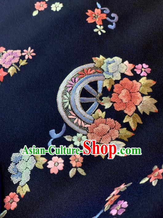 Chinese Classical Embroidered Fan Flowers Pattern Design Navy Silk Fabric Asian Traditional Hanfu Material