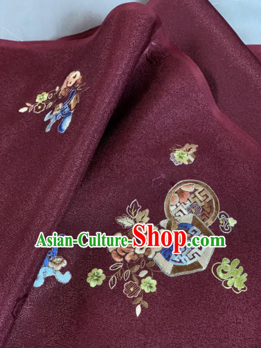 Chinese Classical Embroidered Lucky Flowers Pattern Design Wine Red Silk Fabric Asian Traditional Hanfu Material