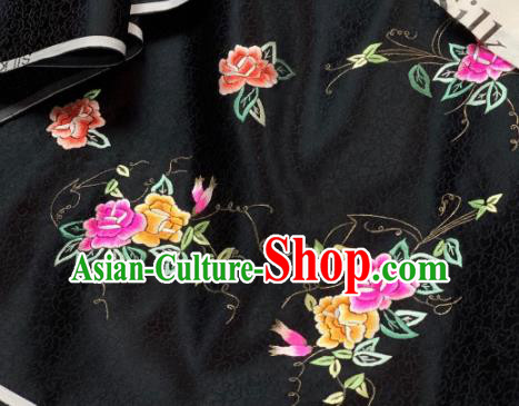 Chinese Classical Embroidered Peony Pattern Design Black Silk Fabric Asian Traditional Hanfu Material