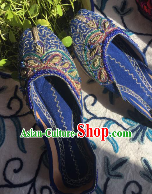 Asian India Traditional Wedding Embroidered Beads Royalblue Shoes Indian Handmade Shoes for Women