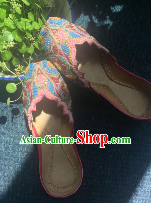 Asian India Traditional Beading Pink Slippers Indian Handmade Shoes for Women