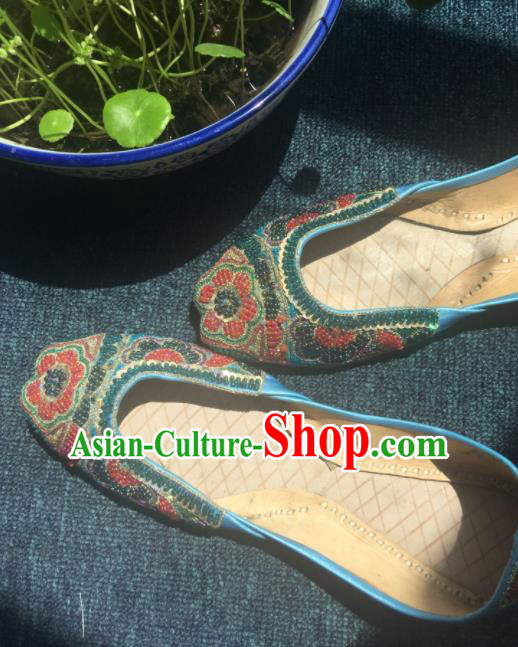 Asian India Traditional Embroidered Beads Blue Leather Shoes Indian Handmade Shoes for Women