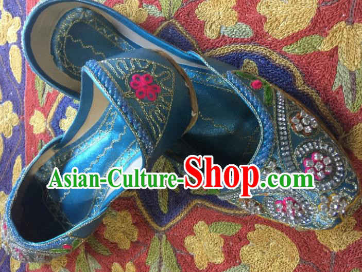 Asian India Traditional Embroidered Blue Crystal Shoes Indian Handmade Shoes for Women