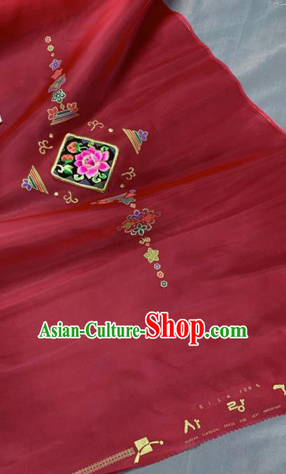 Chinese Classical Embroidered Peony Pattern Design Red Silk Fabric Asian Traditional Hanfu Material