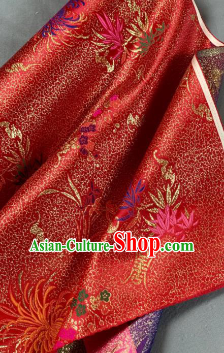 Chinese Classical Bamboo Chrysanthemum Pattern Design Red Silk Fabric Asian Traditional Hanfu Brocade Material