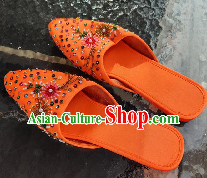 Asian India Traditional Orange Leather Slippers Indian Handmade Shoes for Women