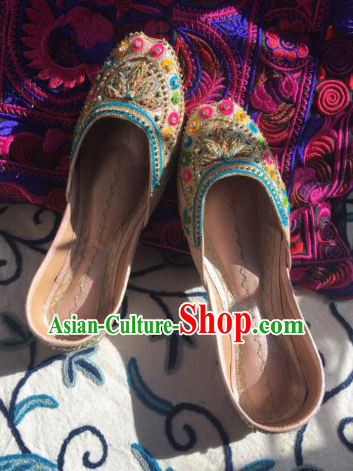 Asian India Traditional Embroidered Beads Pink Leather Shoes Indian Handmade Shoes for Women