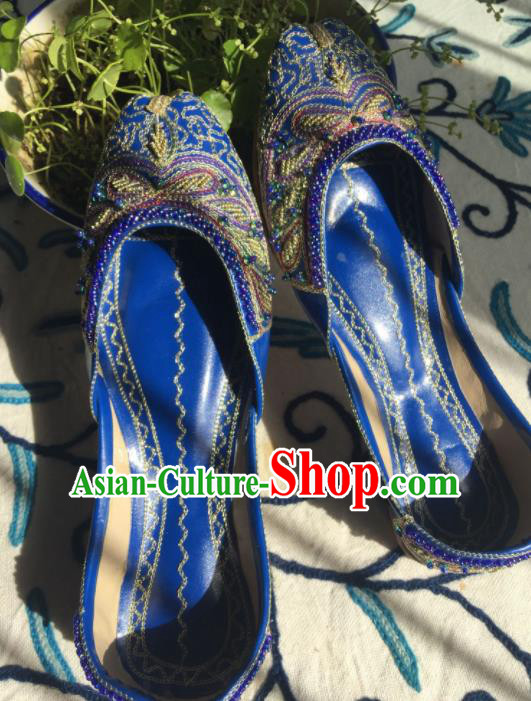 Asian India Traditional Bride Embroidered Royalblue Leather Shoes Indian Handmade Shoes for Women