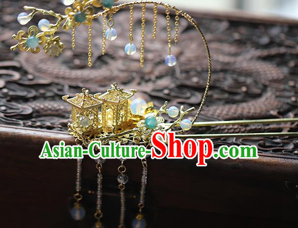 Traditional Chinese Handmade Palace Brass Tassel Hairpins Headdress Ancient Hanfu Hair Accessories for Women