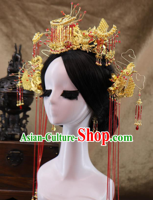 Traditional Chinese Wedding Golden Crane Hair Crown Tassel Hairpins Headdress Ancient Bride Hair Accessories for Women