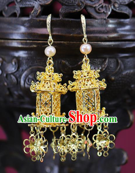 Traditional Chinese Handmade Qing Dynasty Golden Earrings Ancient Hanfu Ear Accessories for Women