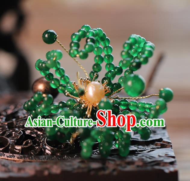 Traditional Chinese Handmade Green Beads Chrysanthemum Hairpins Headdress Ancient Hanfu Hair Accessories for Women