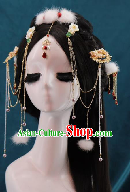 Traditional Chinese White Fur Tassel Hairpins Headdress Ancient Princess Hair Accessories for Women