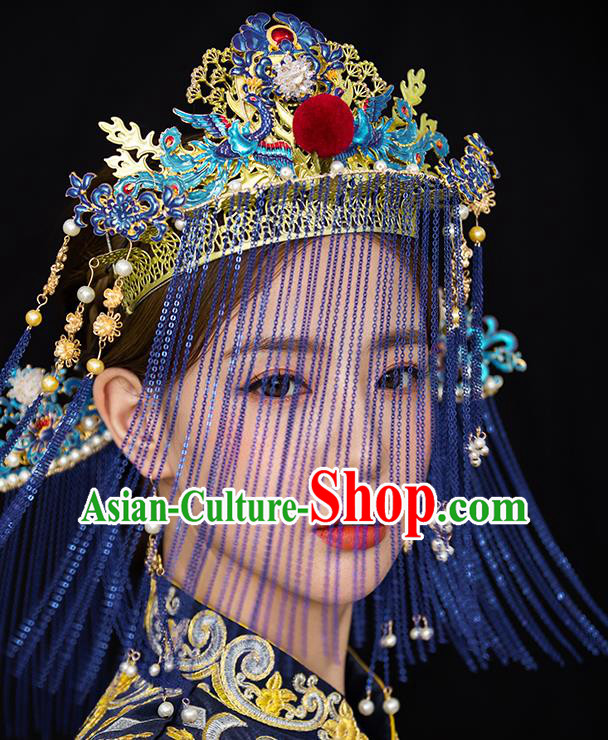 Traditional Chinese Wedding Cloisonne Phoenix Coronet Hairpins Headdress Ancient Princess Hair Accessories for Women