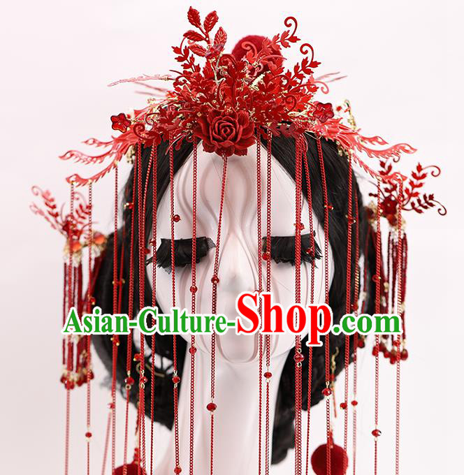 Traditional Chinese Wedding Red Phoenix Coronet Hairpins Headdress Ancient Bride Hair Accessories for Women