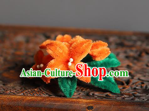 Traditional Chinese Handmade Orange Velvet Flowers Hair Comb Headdress Ancient Hanfu Hair Accessories for Women