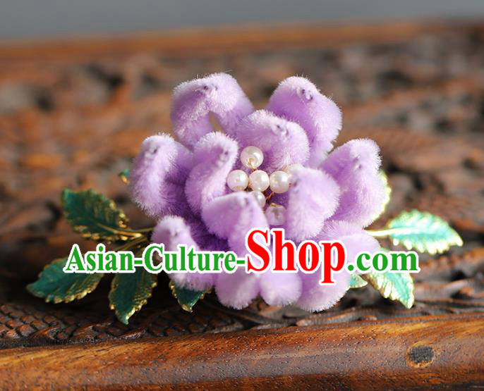 Traditional Chinese Handmade Lilac Velvet Chrysanthemum Hair Comb Headdress Ancient Hanfu Hair Accessories for Women