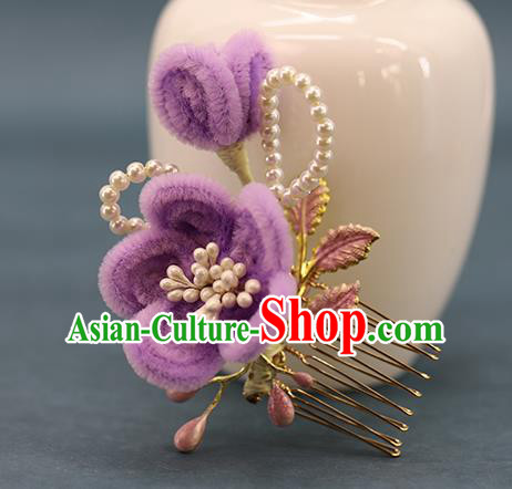 Traditional Chinese Handmade Lilac Velvet Plum Hair Comb Headdress Ancient Hanfu Hair Accessories for Women