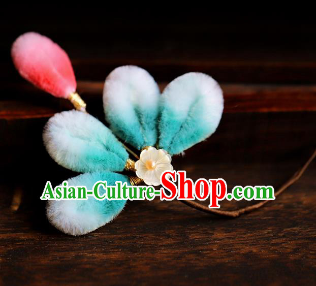 Traditional Chinese Handmade Blue Velvet Flower Hairpin Headdress Ancient Hanfu Hair Accessories for Women