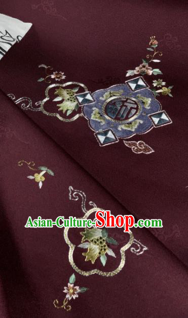 Asian Chinese Traditional Embroidered Pomegranate Pattern Design Wine Red Silk Fabric Hanfu Material