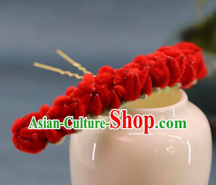 Traditional Chinese Handmade Red Velvet Flowers Hairpin Headdress Ancient Hanfu Hair Accessories for Women