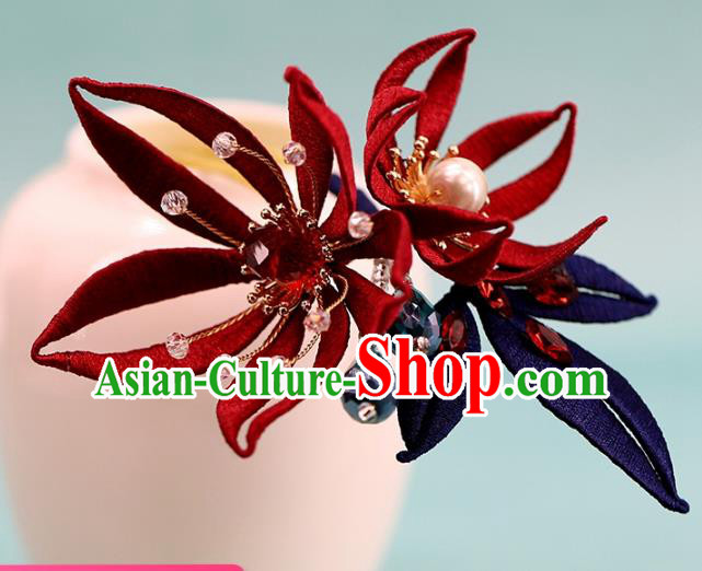 Traditional Chinese Handmade Red Flowers Hairpin Headdress Ancient Hanfu Hair Accessories for Women