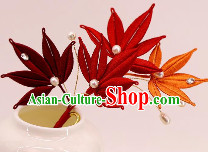 Traditional Chinese Handmade Red Maple Leaf Hairpin Headdress Ancient Hanfu Hair Accessories for Women