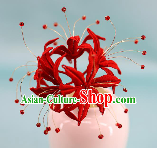 Traditional Chinese Handmade Red Spider Lily Hairpin Headdress Ancient Hanfu Hair Accessories for Women