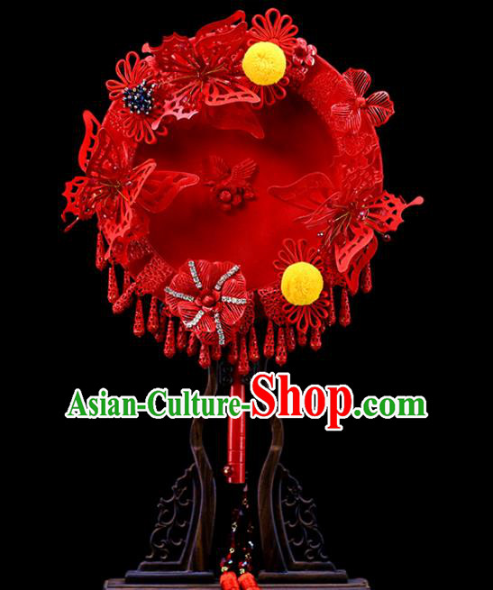 Traditional Chinese Handmade Red Butterfly Round Fans Ancient Hanfu Wedding Palace Fan for Women