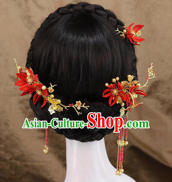 Traditional Chinese Wedding Red Flowers Hair Combs Tassel Hairpins Headdress Ancient Bride Hair Accessories for Women