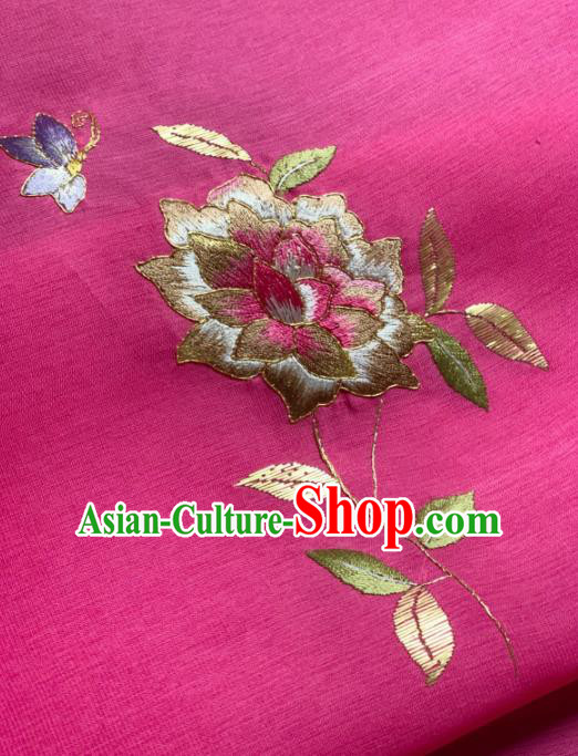 Asian Chinese Traditional Embroidered Flowers Pattern Design Rosy Silk Fabric Hanfu Material