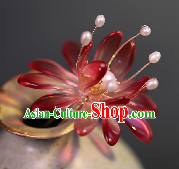 Traditional Chinese Handmade Red Glass Flower Hairpin Headdress Ancient Hanfu Hair Accessories for Women