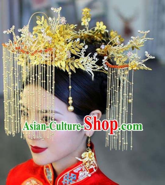 Traditional Chinese Golden Phoenix Coronet Tassel Hairpins Headdress Ancient Bride Hair Accessories for Women