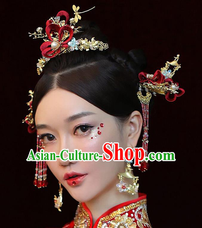 Traditional Chinese Wedding Hair Crown Red Flower Hairpins Headdress Ancient Bride Hair Accessories for Women