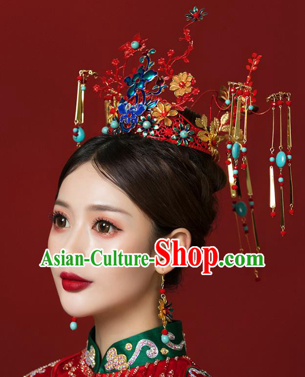 Traditional Chinese Wedding Cloisonne Red Phoenix Coronet Hairpins Headdress Ancient Bride Hair Accessories for Women