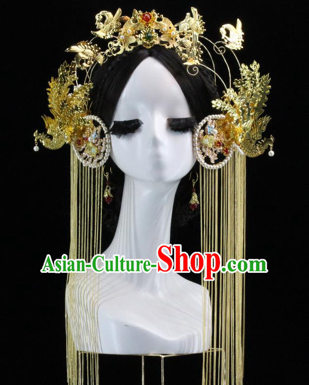 Traditional Chinese Wedding Pearls Golden Phoenix Coronet Hairpins Headdress Ancient Bride Hair Accessories for Women