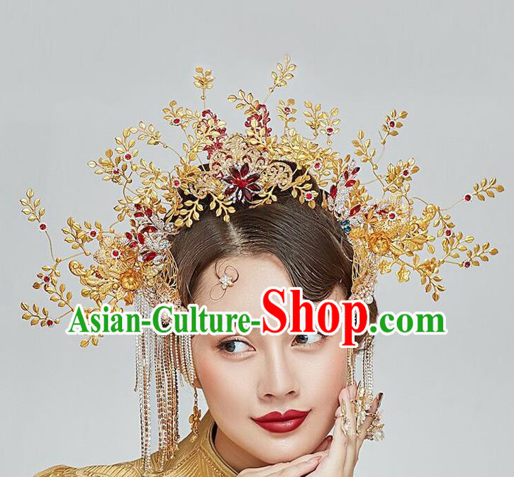 Traditional Chinese Wedding Golden Hair Crown Tassel Hairpins Headdress Ancient Bride Hair Accessories for Women