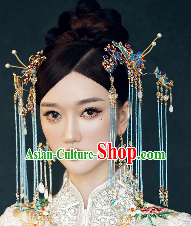 Traditional Chinese Wedding Cloisonne Tassel Hairpins Headdress Ancient Bride Hair Accessories for Women