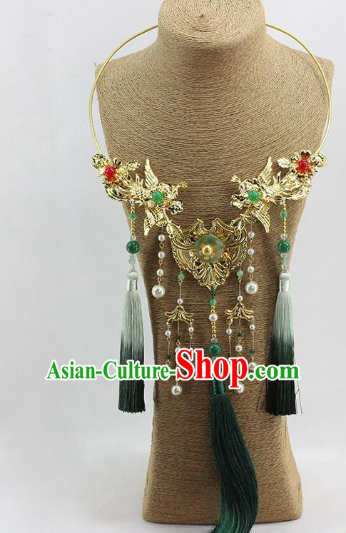 Traditional Chinese Wedding Green Tassel Necklace Ancient Bride Handmade Golden Phoenix Necklet Accessories for Women