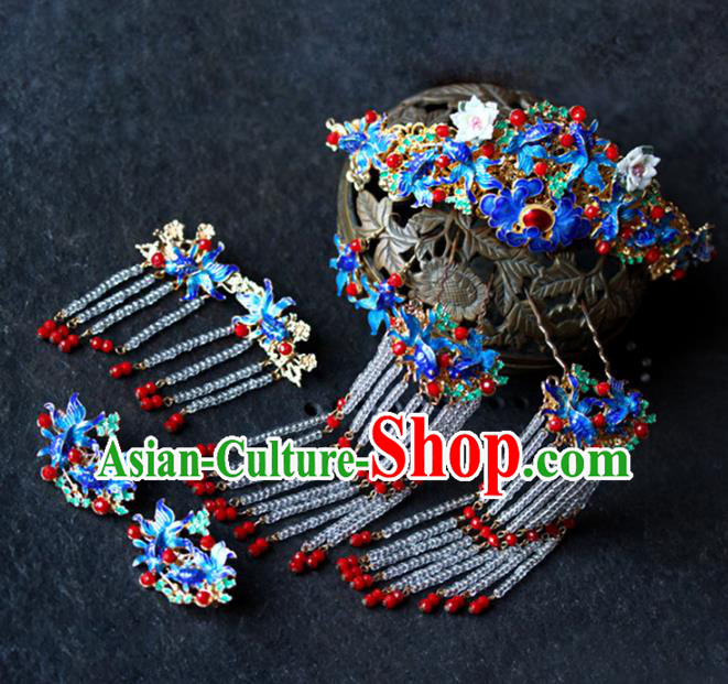 Traditional Chinese Wedding Cloisonne Hair Comb Tassel Hairpins Headdress Ancient Bride Hair Accessories for Women