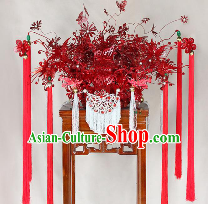 Traditional Chinese Opera Red Phoenix Coronet Hairpins Headdress Ancient Wedding Hair Accessories for Women